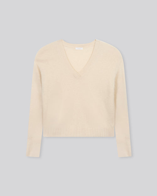 Ecru V-Neck Long Sleeve Sweater in Raccoon - MAJESTIC FILATURES