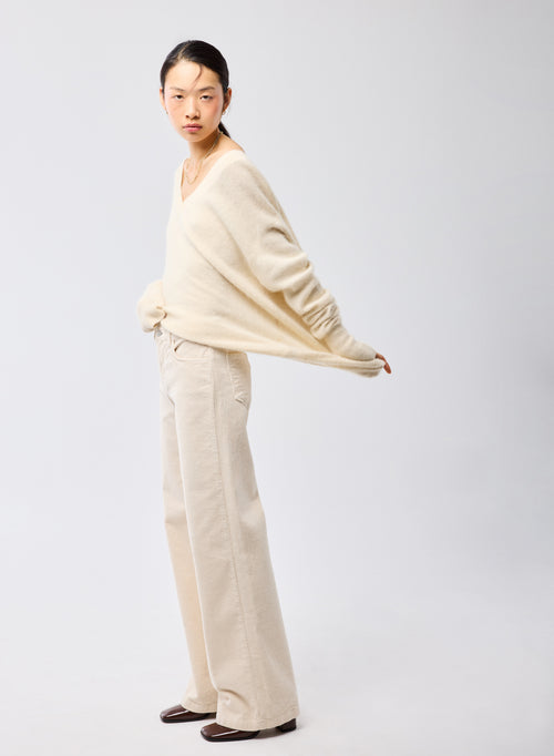 Ecru V-Neck Long Sleeve Sweater in Raccoon - MAJESTIC FILATURES