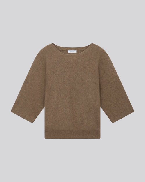 Beige Round Neck Kimono Sleeve Sweater in Raccon wool / Polyamide - MAJESTIC FILATURES