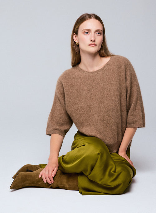 Beige Round Neck Kimono Sleeve Sweater in Raccon wool / Polyamide - MAJESTIC FILATURES