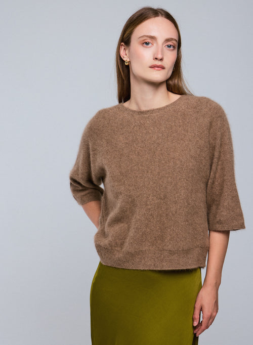 Beige Round Neck Kimono Sleeve Sweater in Raccon wool / Polyamide - MAJESTIC FILATURES