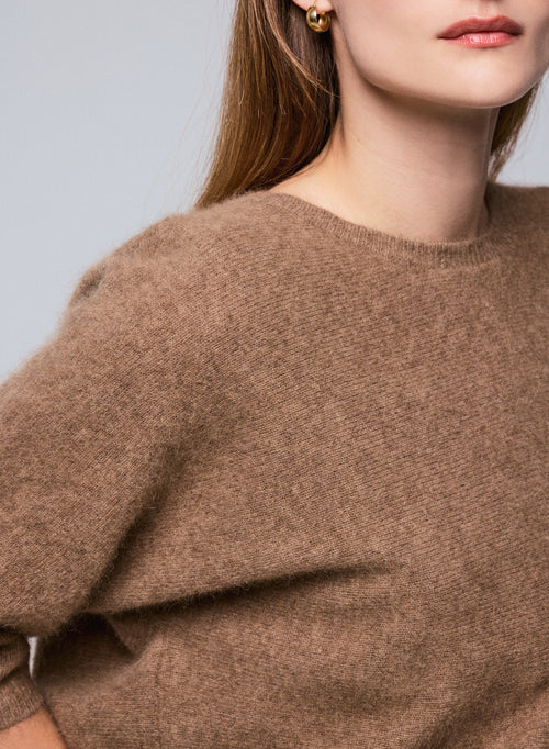Beige Round Neck Kimono Sleeve Sweater in Raccon wool / Polyamide - MAJESTIC FILATURES