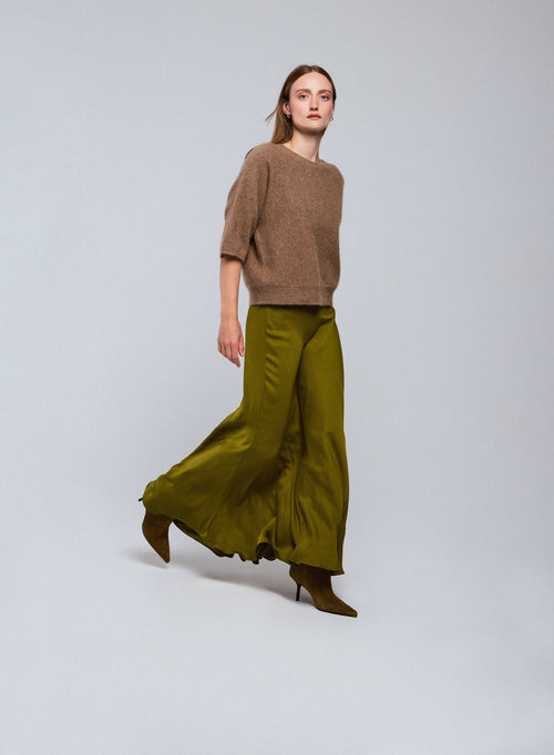 Beige Round Neck Kimono Sleeve Sweater in Raccon wool / Polyamide - MAJESTIC FILATURES