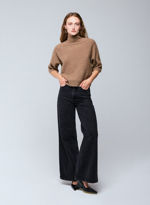 Beige Turtleneck Sweater with Kimono Sleeves in Raccon wool / Polyamide - MAJESTIC FILATURES