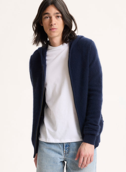 Marineblaue Strickjacke mit langärmeligem Kapuzenkragen aus Waschbär / Polyamid - MAJESTIC FILATURES