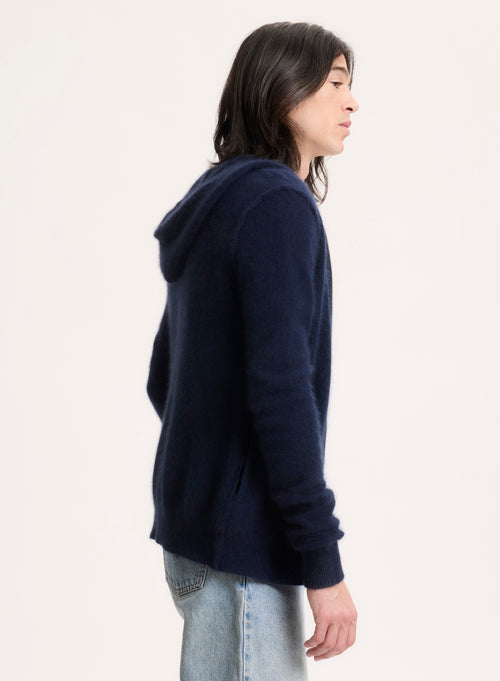 Marineblaue Strickjacke mit langärmeligem Kapuzenkragen aus Waschbär / Polyamid - MAJESTIC FILATURES