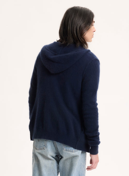Marineblaue Strickjacke mit langärmeligem Kapuzenkragen aus Waschbär / Polyamid - MAJESTIC FILATURES