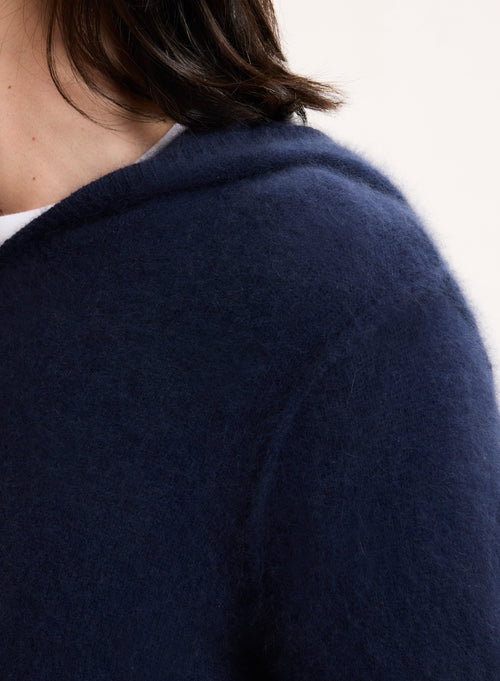 Marineblaue Strickjacke mit langärmeligem Kapuzenkragen aus Waschbär / Polyamid - MAJESTIC FILATURES