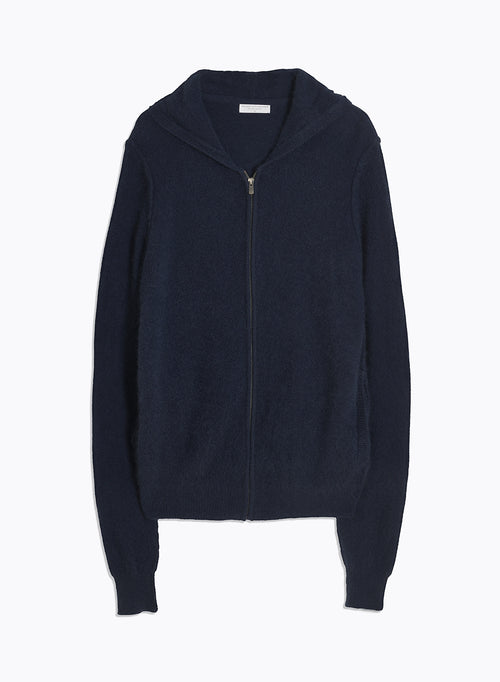 Marineblaue Strickjacke mit langärmeligem Kapuzenkragen aus Waschbär / Polyamid - MAJESTIC FILATURES