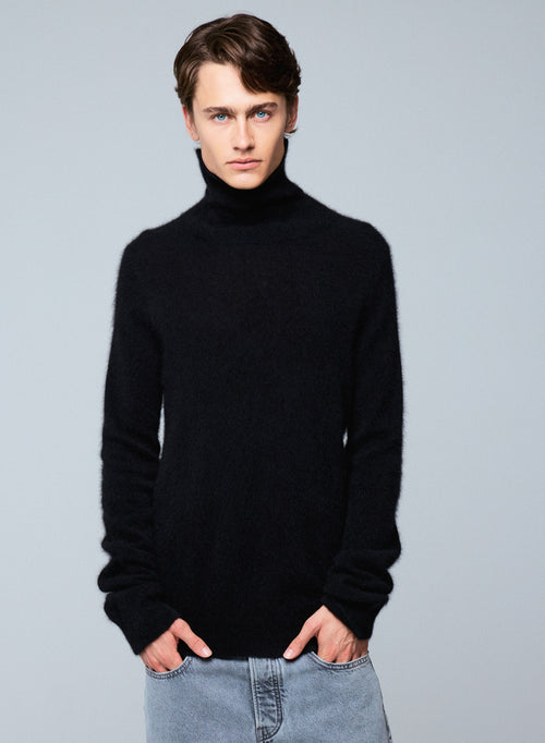 Black Turtleneck Long Sleeve Sweater in Raccon wool / Polyamide - MAJESTIC FILATURES