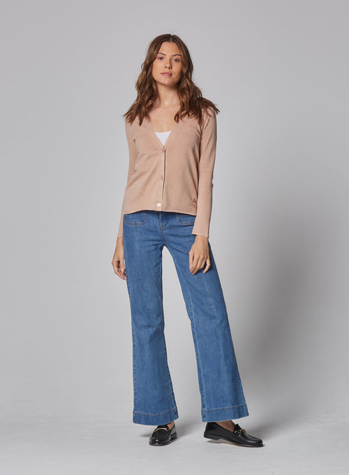 Gilet Rose thé Manches Longues Col V - MAJESTIC FILATURES