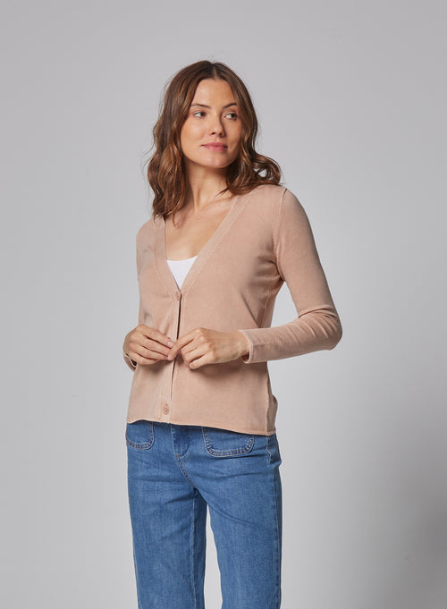Gilet Rose thé Manches Longues Col V - MAJESTIC FILATURES