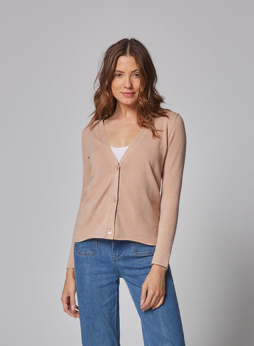 Gilet Rose thé Manches Longues Col V - MAJESTIC FILATURES
