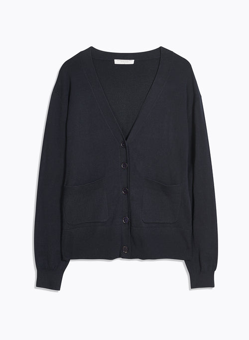 Navy V-neck Long Sleeve Vest in Organic Cotton / Elastane - MAJESTIC FILATURES
