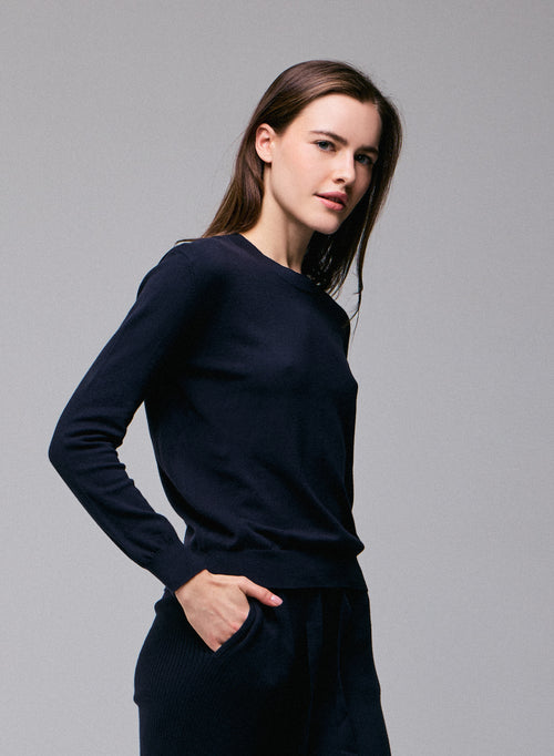 Marineblauer Pullover Rundhalsausschnitt Langarm aus Bio-Baumwolle / Elasthan - MAJESTIC FILATURES