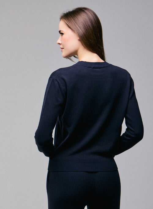 Marineblauer Pullover Rundhalsausschnitt Langarm aus Bio-Baumwolle / Elasthan - MAJESTIC FILATURES
