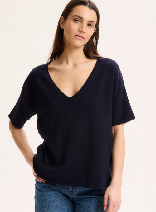 Jersey azul marino con cuello en V y manga corta en algodón orgánico / elastano - MAJESTIC FILATURES
