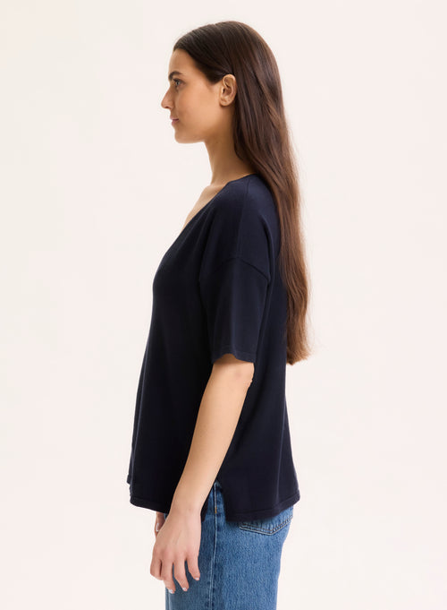 Jersey azul marino con cuello en V y manga corta en algodón orgánico / elastano - MAJESTIC FILATURES