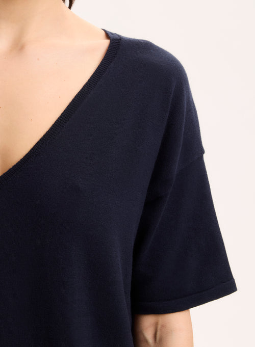 Jersey azul marino con cuello en V y manga corta en algodón orgánico / elastano - MAJESTIC FILATURES