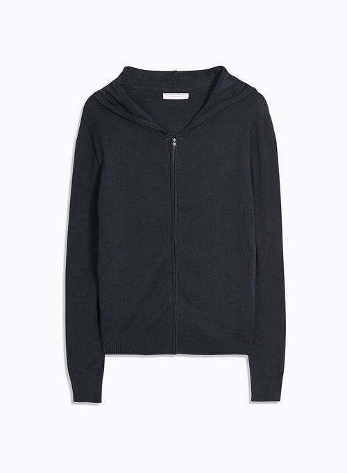 Marineblauer Cardigan mit Kapuze und langen Ärmeln aus Bio-Baumwolle / Elasthan - MAJESTIC FILATURES
