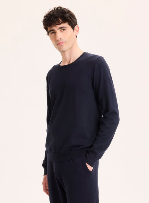 Pull Marine Col Rond Manches Longues en Coton organique / Elasthanne - MAJESTIC FILATURES