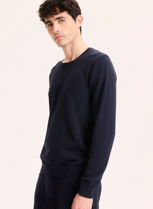 Pull Marine Col Rond Manches Longues en Coton organique / Elasthanne - MAJESTIC FILATURES