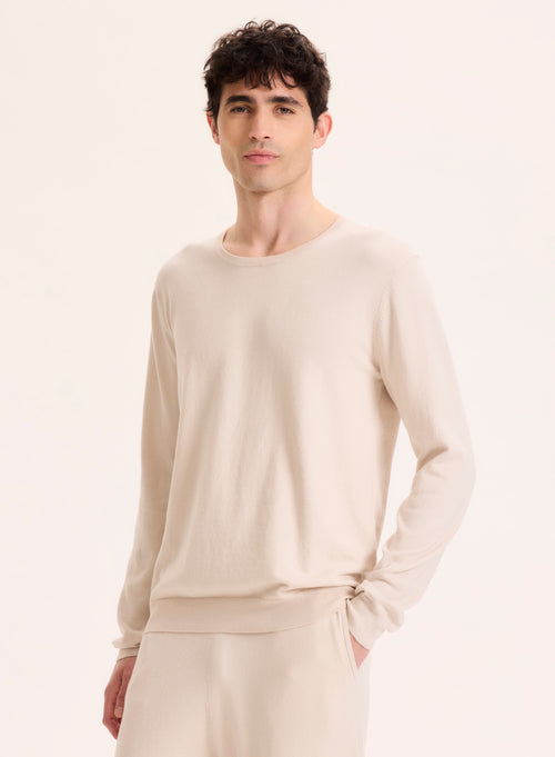 Pull Beige Col Rond Manches Longues en Coton organique / Elasthanne - MAJESTIC FILATURES