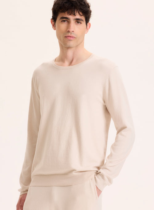 Pull Beige Col Rond Manches Longues en Coton organique / Elasthanne - MAJESTIC FILATURES