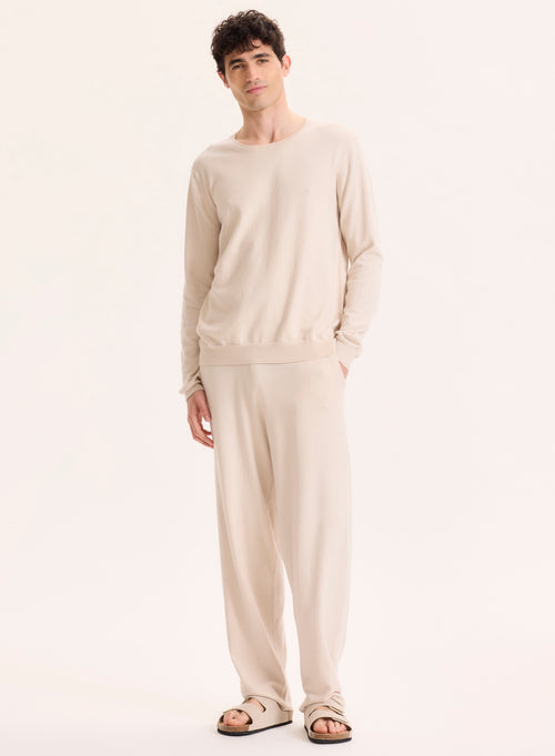 Pull Beige Col Rond Manches Longues en Coton organique / Elasthanne - MAJESTIC FILATURES