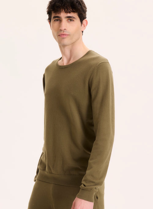 Pull Vert Col Rond Manches Longues en Coton organique / Elasthanne - MAJESTIC FILATURES