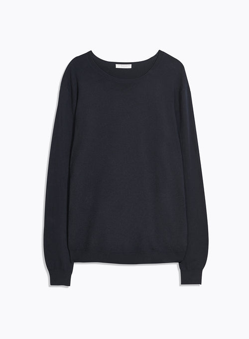 Marineblauer Pullover Rundhalsausschnitt Langarm aus Bio-Baumwolle / Elasthan - MAJESTIC FILATURES