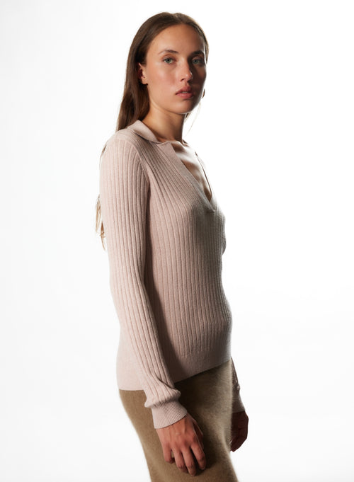 Pull Poudre Col Polo Manches Longues en Coton Organique / Viscose / Elasthanne / Fibre Métalisée - MAJESTIC FILATURES