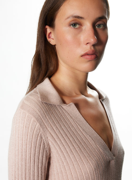 Pull Poudre Col Polo Manches Longues en Coton Organique / Viscose / Elasthanne / Fibre Métalisée - MAJESTIC FILATURES