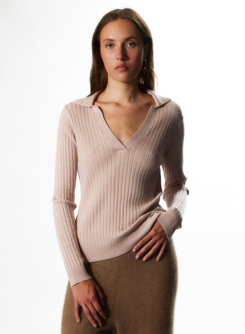 Pull Poudre Col Polo Manches Longues en Coton Organique / Viscose / Elasthanne / Fibre Métalisée - MAJESTIC FILATURES
