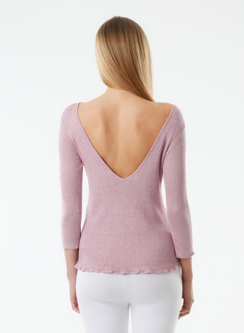 Rosafarbener Pullover mit 3/4 Ärmeln und hinterem©Kragen© aus Viskose / Irisfaser© - MAJESTIC FILATURES