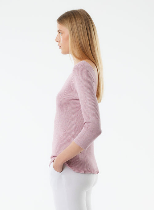 Rosafarbener Pullover mit 3/4 Ärmeln und hinterem©Kragen© aus Viskose / Irisfaser© - MAJESTIC FILATURES