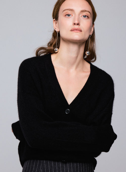 Gilet Noir Col V Manches Longues en Laine / Soie / Cachemire - MAJESTIC FILATURES