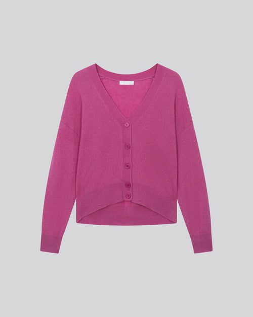 Pink V-neck cardigan with long sleeves in wool / silk / cashmere - MAJESTIC FILATURES