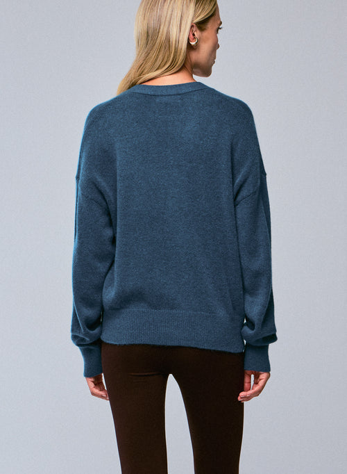 Blue V-neck Cardigan with long sleeves in Wool / Silk / Cashmere - MAJESTIC FILATURES