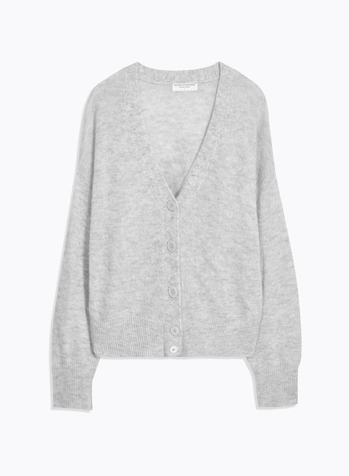 Grey V-neck Long-sleeved Cardigan in Wool / Silk / Cashmere - MAJESTIC FILATURES