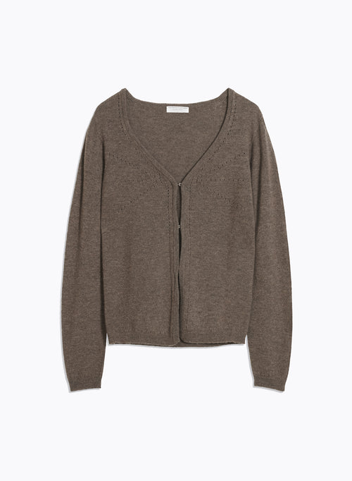 Gilet Marron Col V Manches Longues en Laine et Cachemire - MAJESTIC FILATURES