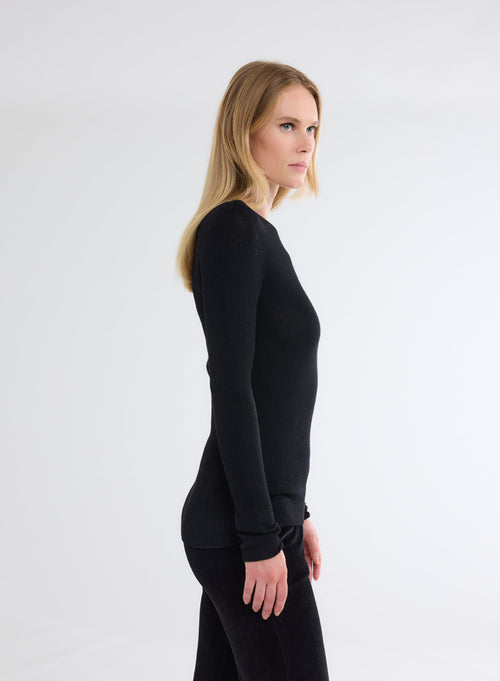 Black Ribbed Merino Wool Round Neck Long Sleeve Sweater - MAJESTIC FILATURES