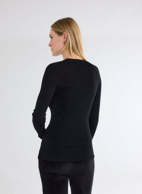 Black Ribbed Merino Wool Round Neck Long Sleeve Sweater - MAJESTIC FILATURES