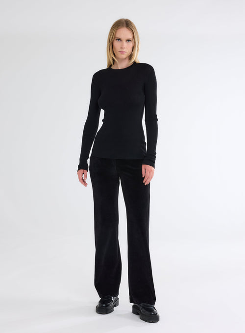 Black Ribbed Merino Wool Round Neck Long Sleeve Sweater - MAJESTIC FILATURES