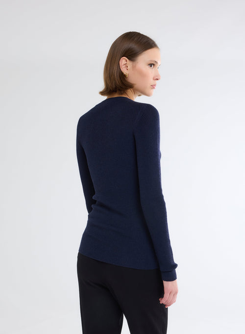 Marineblauer Ripp-Pullover mit Rundhalsausschnitt und langen Ärmeln aus Merinowolle - MAJESTIC FILATURES