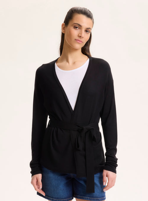 Schwarze Strickjacke mit V-Ausschnitt und langen Ärmeln aus Seide / Viskose - MAJESTIC FILATURES