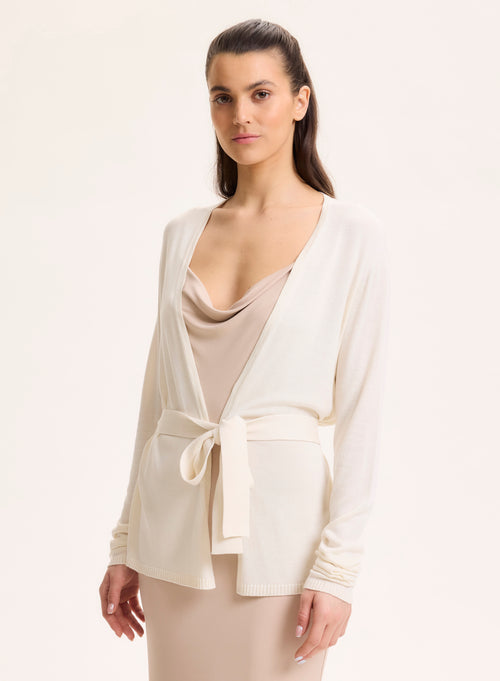 Gilet Blanc Col V Manches Longues en Soie / Viscose - MAJESTIC FILATURES