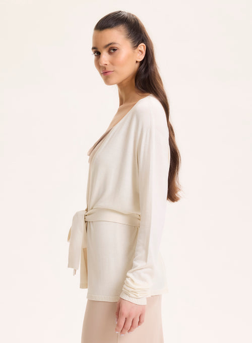 Gilet Blanc Col V Manches Longues en Soie / Viscose - MAJESTIC FILATURES