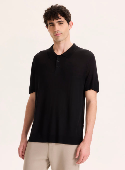 Black Polo Shirt with Short Sleeves in Silk / Viscose - MAJESTIC FILATURES