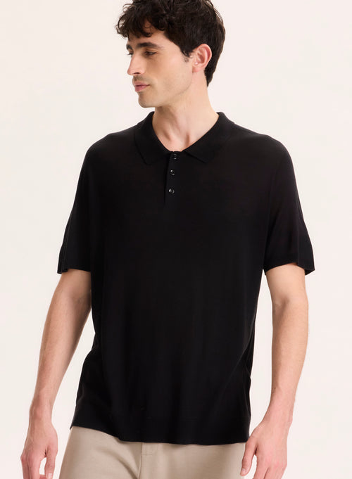 Black Polo Shirt with Short Sleeves in Silk / Viscose - MAJESTIC FILATURES